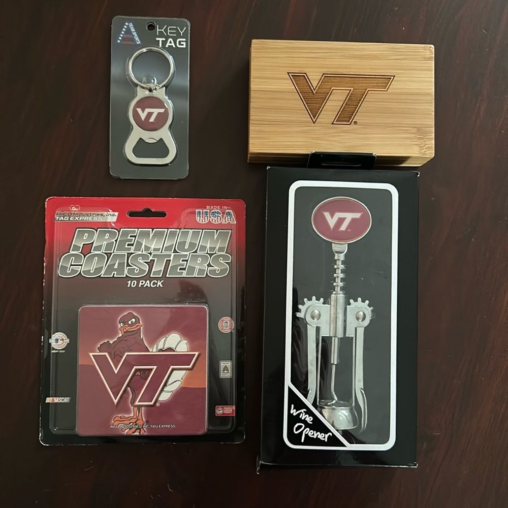 Brand New Virginia Tech coasters, 2 wine openers and key tag bottle opener